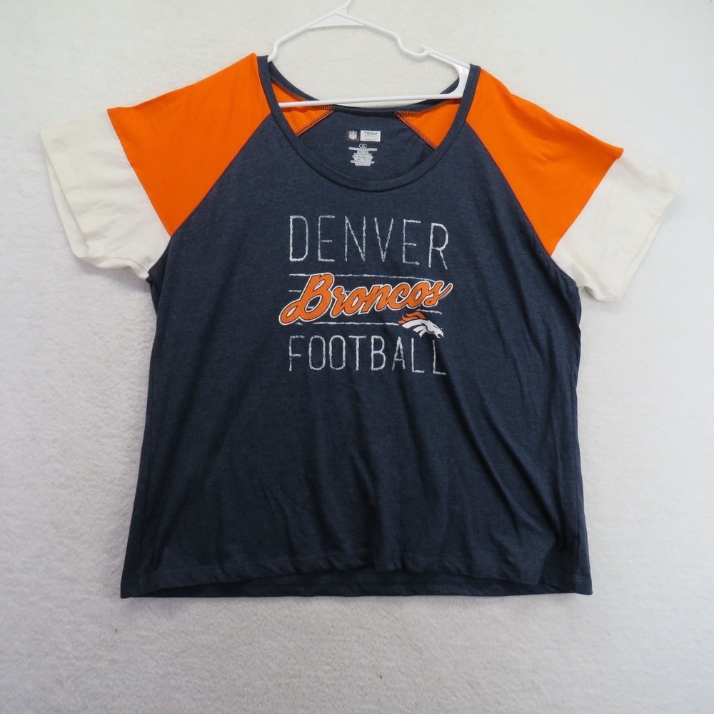 NFL Team Apparel Denver Broncos T Shirt Womens 1X Orange Navy Football Raglan